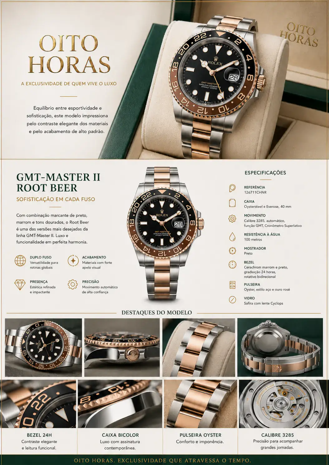 Apresentação Rolex GMT Master II Root Beer — Preto Dourado