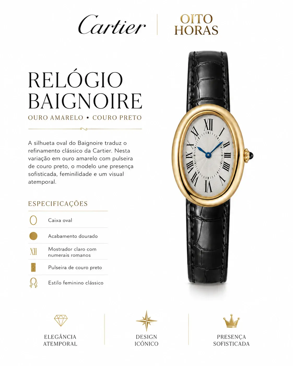 Apresentação Cartier Baignoire — Ouro Amarelo / Couro Preto