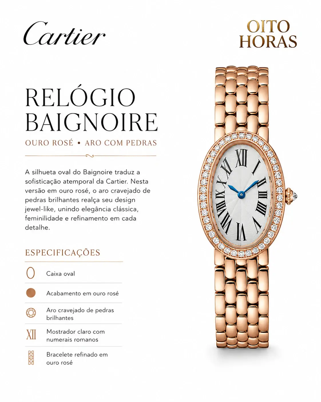 Apresentação Cartier Baignoire — Ouro Rosé / Aro com Pedras