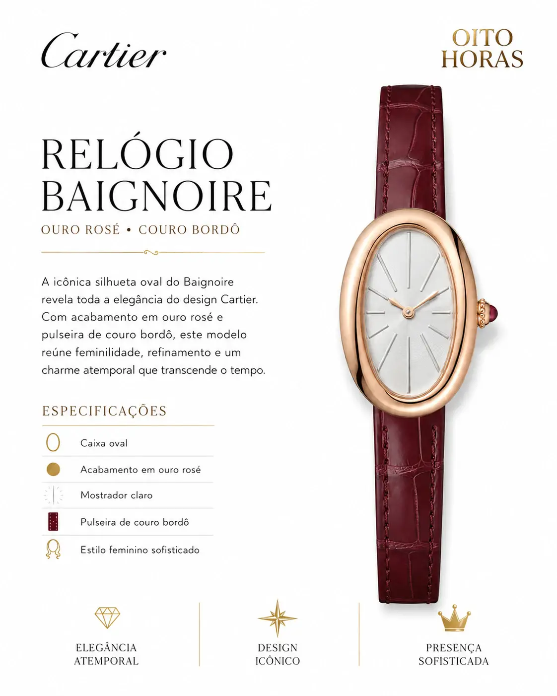 Apresentação Cartier Baignoire — Ouro Rosé / Couro Bordô