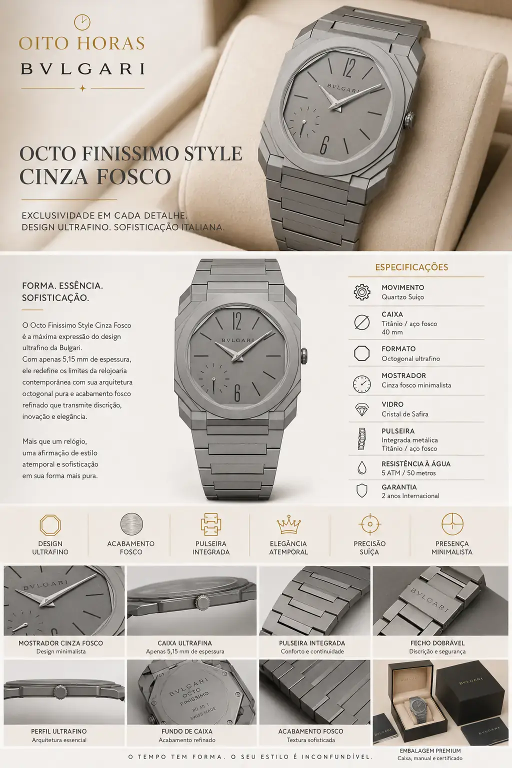 Apresentação Bulgari Octo Finissimo Style Cinza Fosco