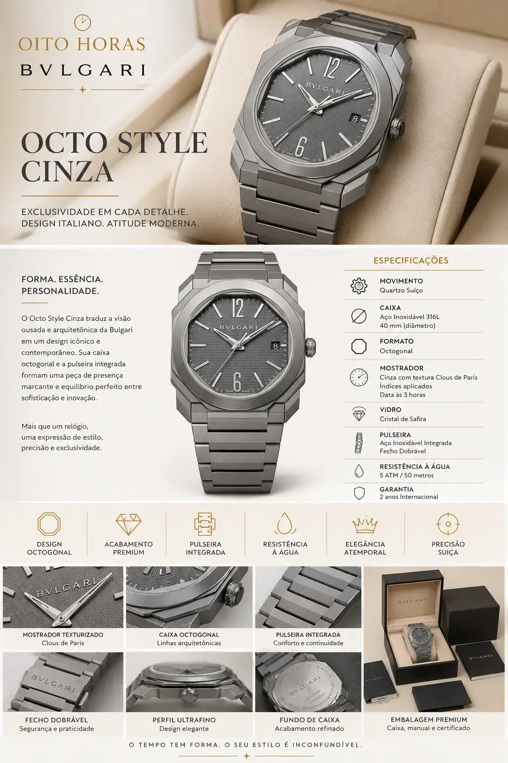 Apresentação Bulgari Octo Style Cinza