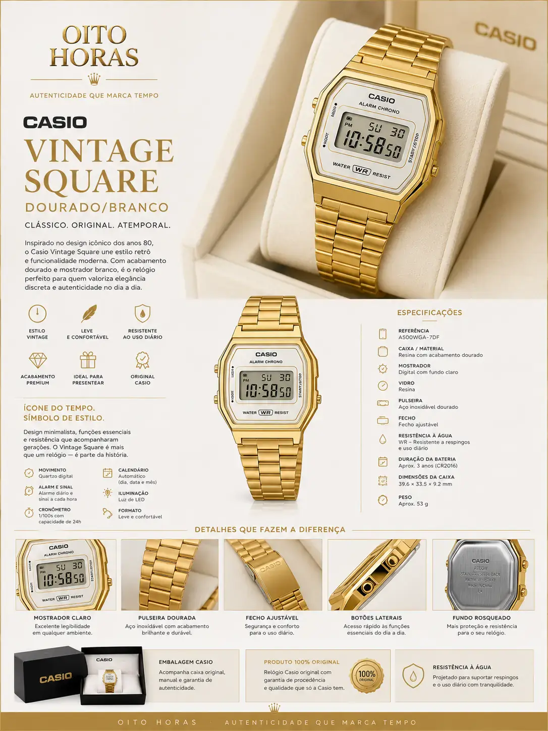 Apresentação Casio Vintage Square Dourado/Branco