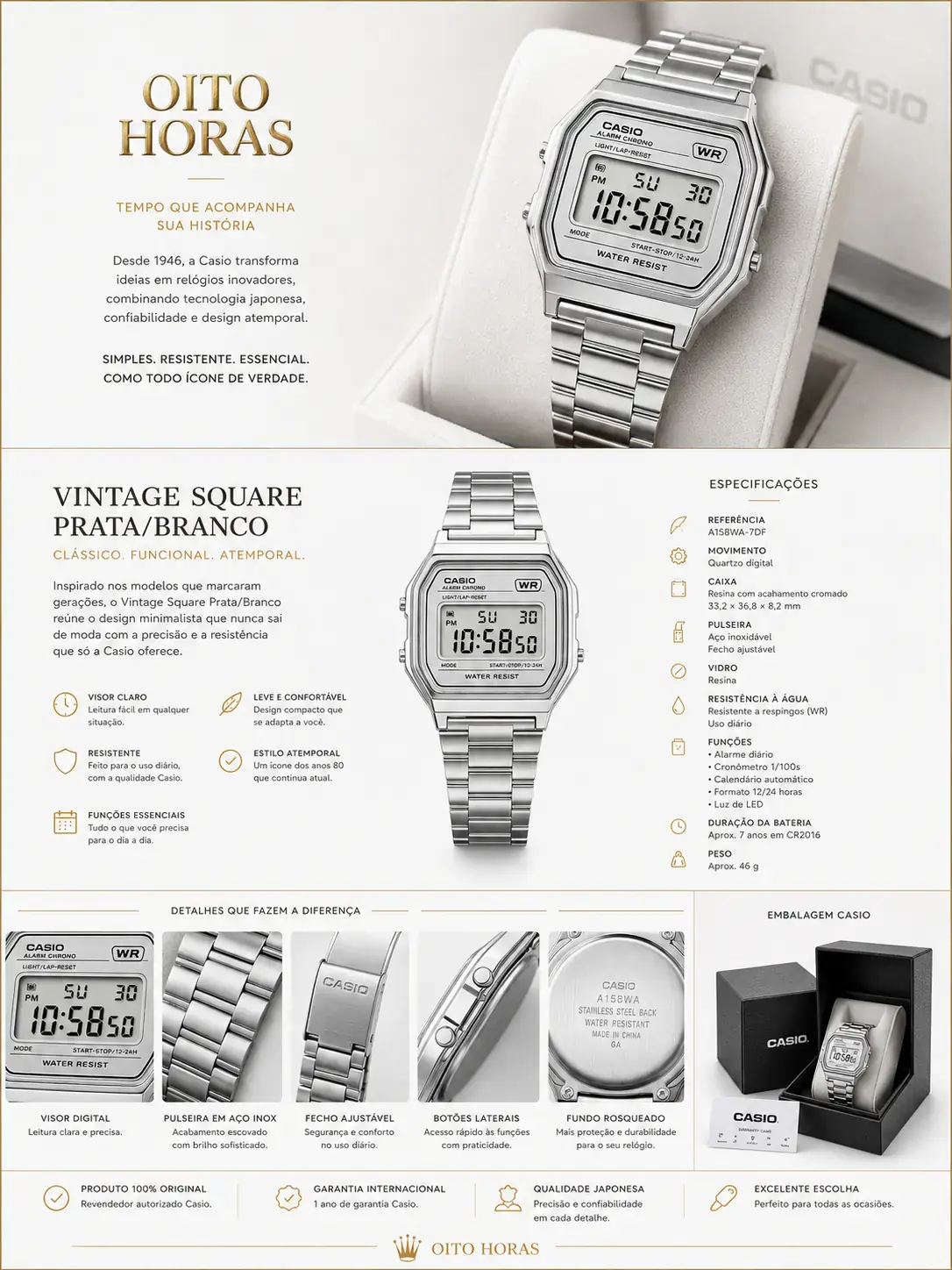 Apresentação Casio Vintage Square Prata/Branco