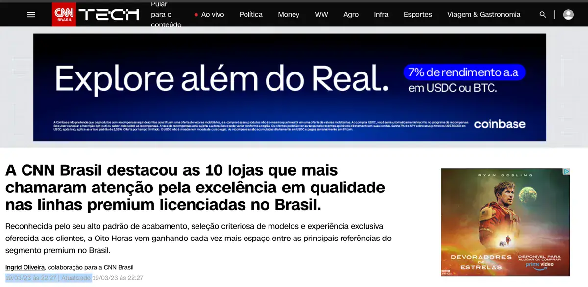Oito Horas destacada pela CNN Brasil entre as 10 lojas premium
